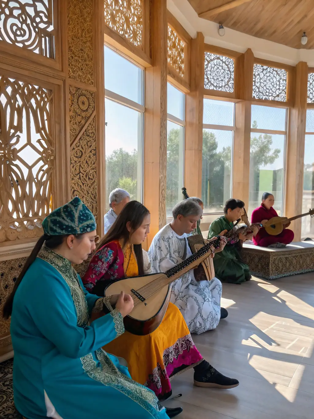 Participants in a music workshop learning to play various instruments, guided by a skilled musician.