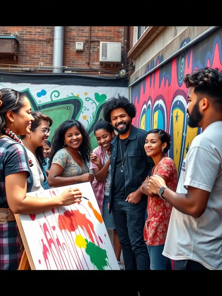 A group of children and adults collaboratively painting a large mural, showcasing community spirit and artistic expression.