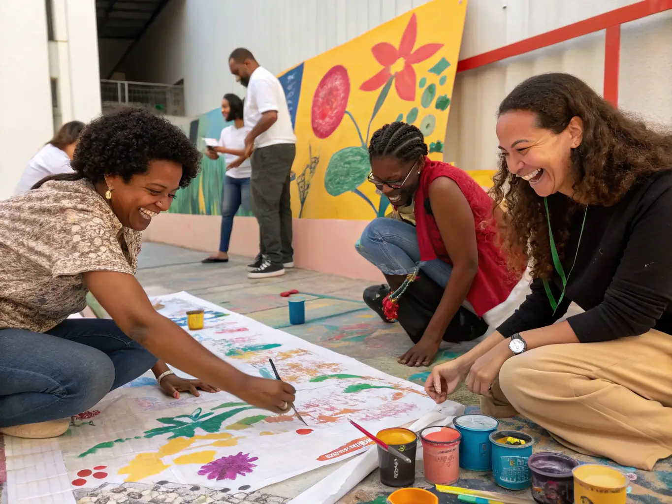 A vibrant image depicting participants of all ages engaged in a collaborative painting session during a community artistic workshop, showcasing creativity and social interaction.