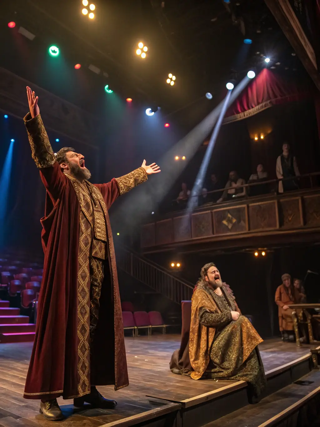 A scene from a theatrical performance, with actors in costume engaging in a dramatic scene on stage.