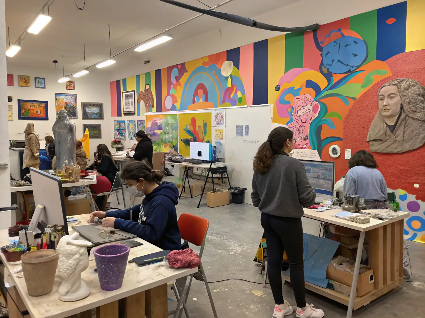 A vibrant image depicting participants actively engaged in a community art workshop, showcasing various artistic mediums such as painting, sculpture, and mixed media, set in a bright and welcoming studio environment.