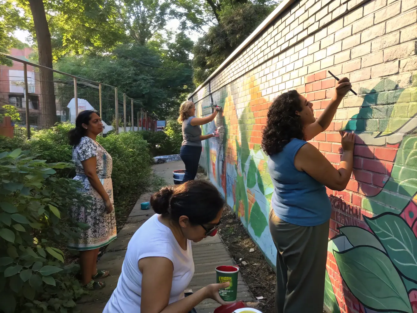 A heartwarming image showing community members of all ages participating in a collaborative art project, such as a mural painting or a community sculpture, set in a public space.