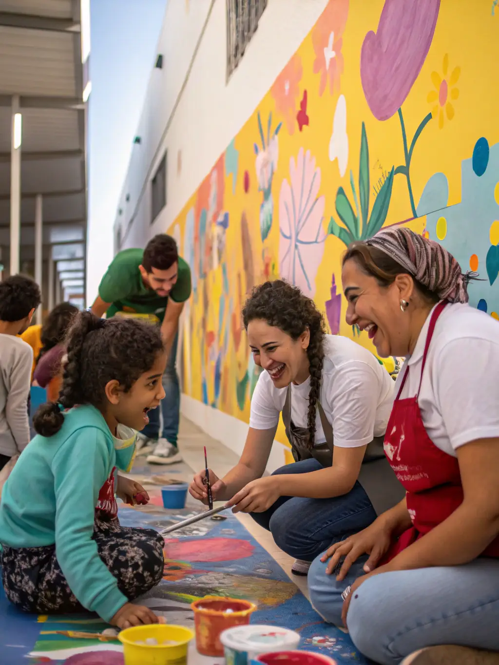 A vibrant photograph capturing participants of all ages engaged in a collaborative mural painting workshop, showcasing teamwork and artistic expression.