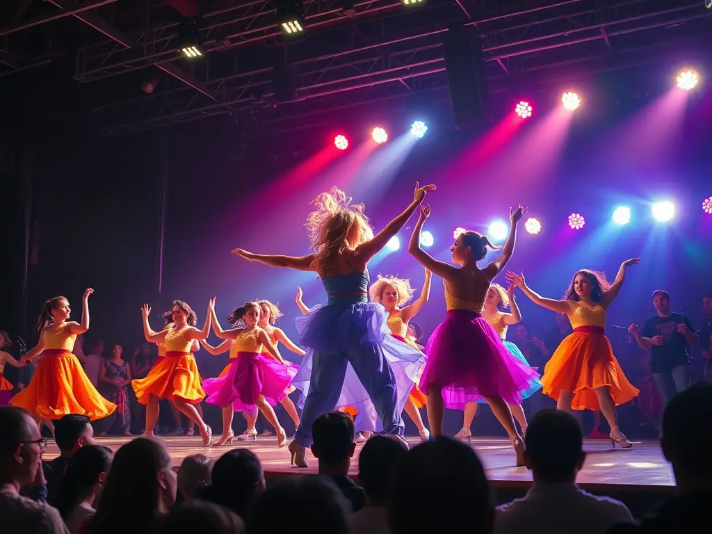 A dynamic photograph capturing a live performance by local artists, featuring expressive movements, colorful costumes, and an enthusiastic audience, set against the backdrop of a community theater.