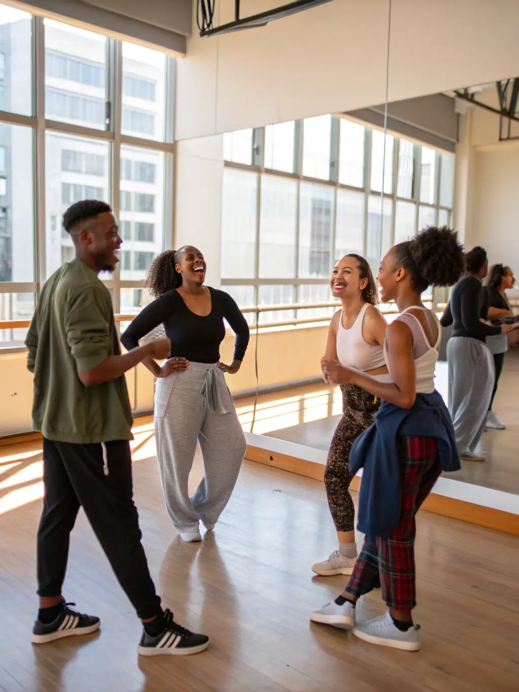A dynamic image of a dance workshop, featuring diverse participants moving to the rhythm, emphasizing inclusivity and joyful movement.
