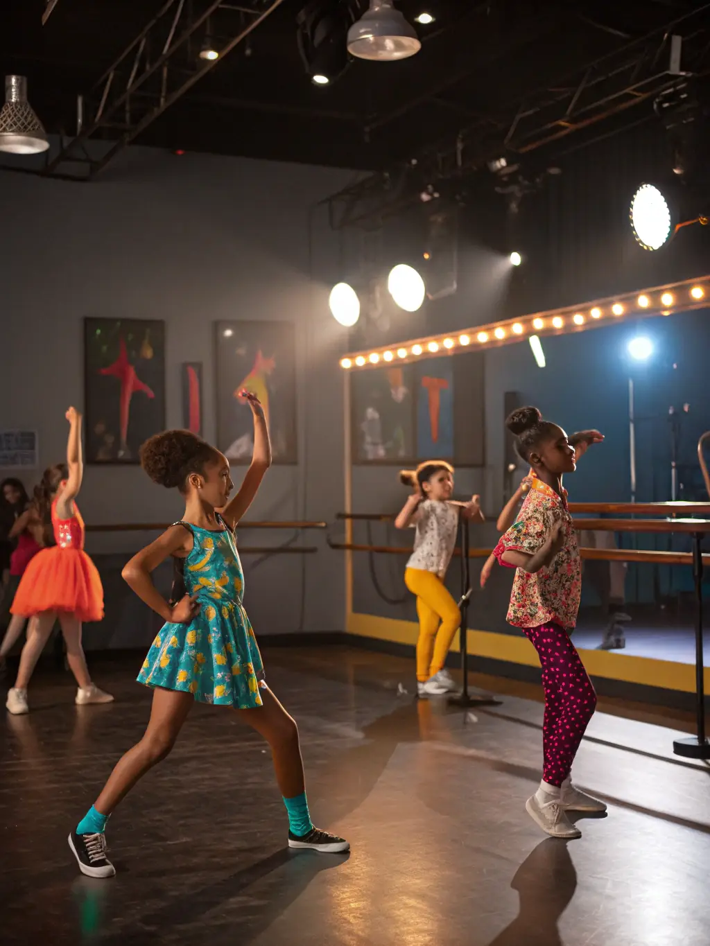 A vibrant photograph capturing a dance workshop in progress, with participants of various ages moving to the rhythm, guided by an instructor.